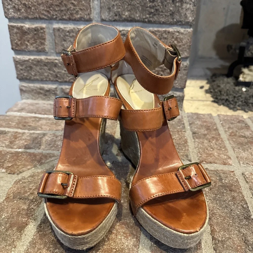 Brian Atwood Wedge Espadrille Leather Sandals‎ Size 9 40EU #286